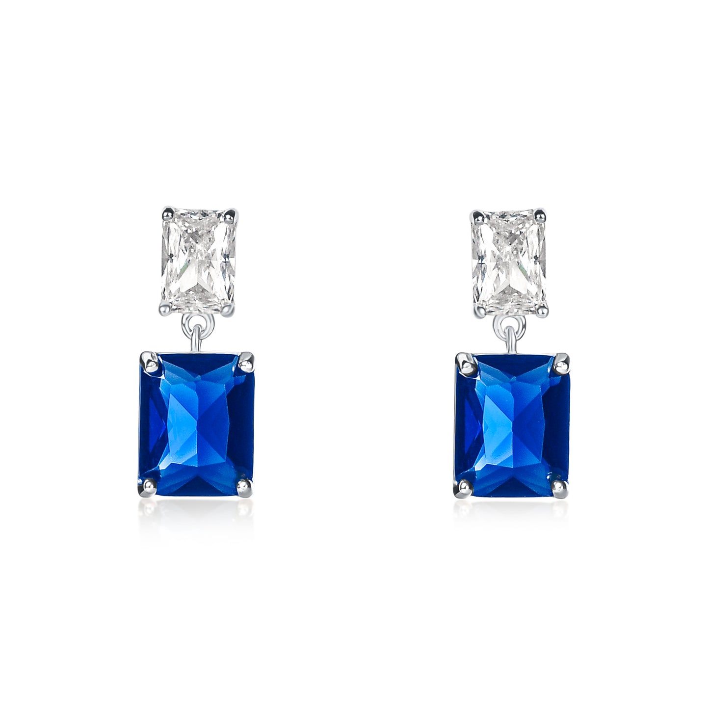 Blue 925 Sterling Silver Double Rectangle Cubic Zirconia Dangle Earrings