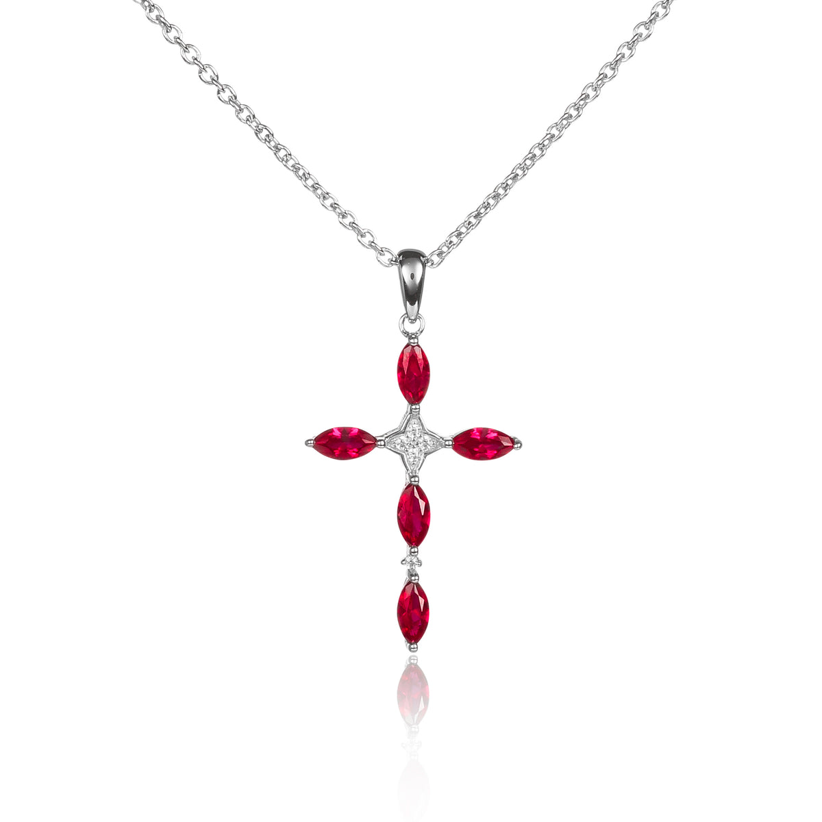 Red Sterling Silver Cross Necklace for Women with Red Stones