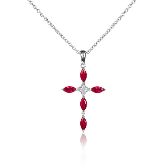 Red Sterling Silver Cross Necklace for Women with Red Stones