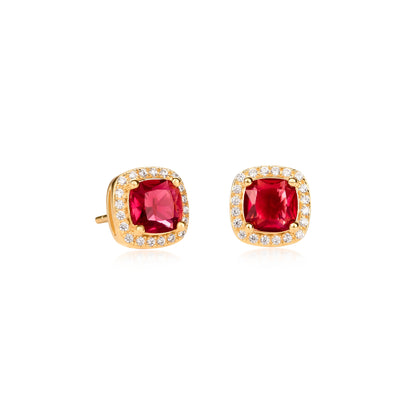 Gold Plated Sterling Silver Red Cubic Zirconia Cushion Halo Stud Earrings