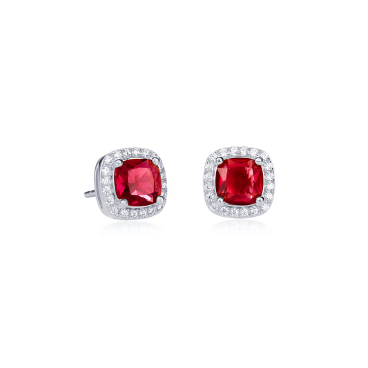 925 Sterling Silver Red Cubic Zirconia Cushion Halo Stud Earrings