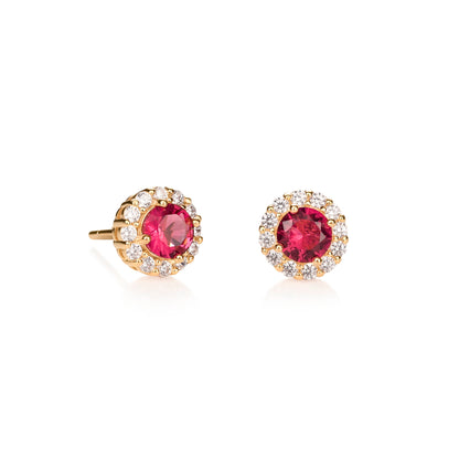 Gold Plated Sterling Silver Red Cubic Zirconia Round Halo Stud Earrings