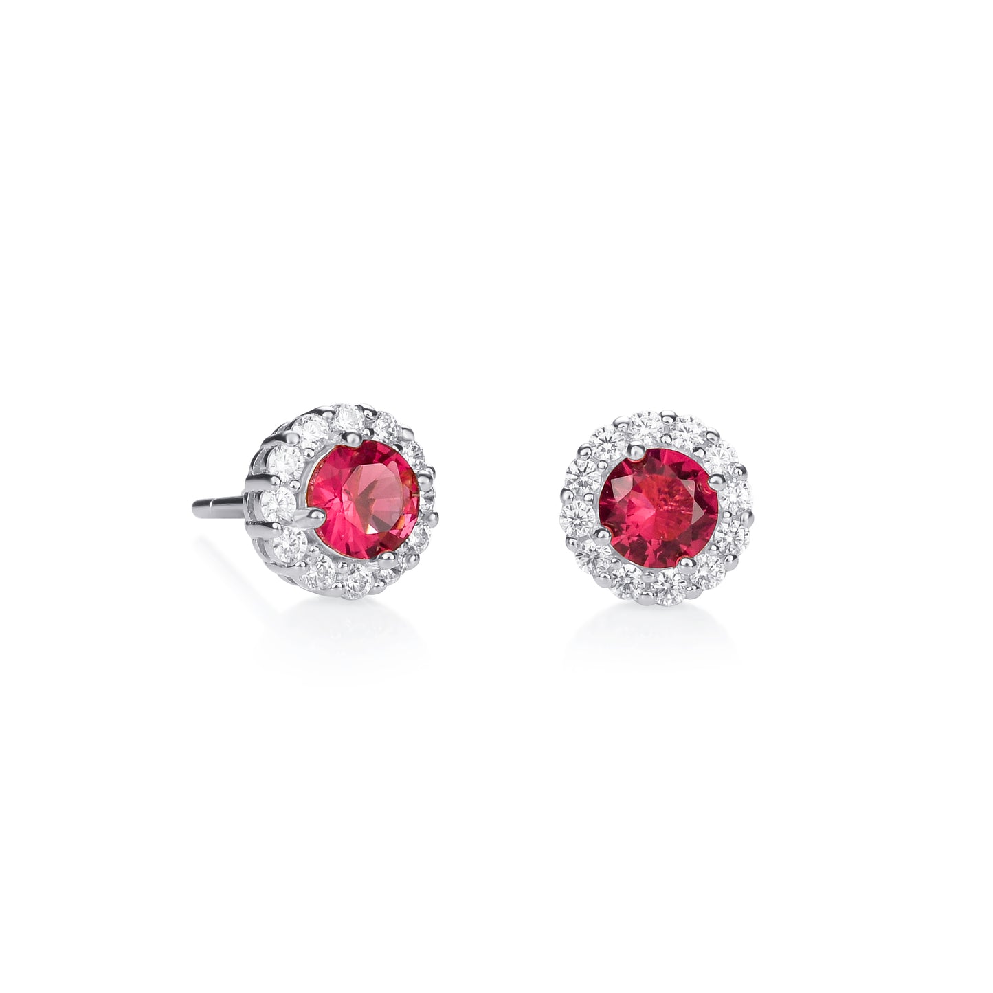 925 Sterling Silver Red Cubic Zirconia Round Halo Stud Earrings
