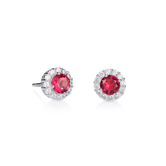 925 Sterling Silver Red Cubic Zirconia Round Halo Stud Earrings