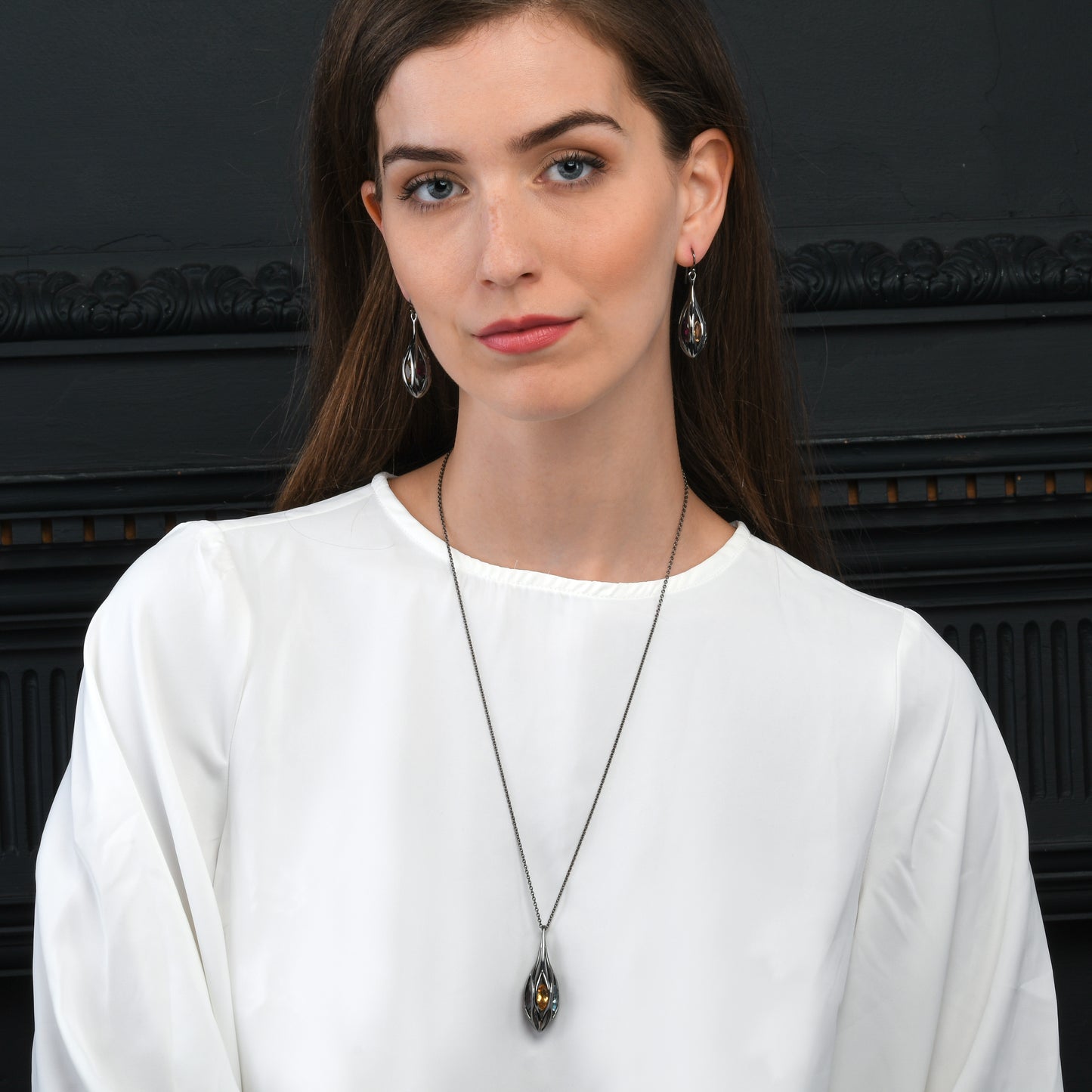 Black Sterling Silver Vermeil Gemstone Teardrop Pendant Necklace For Women