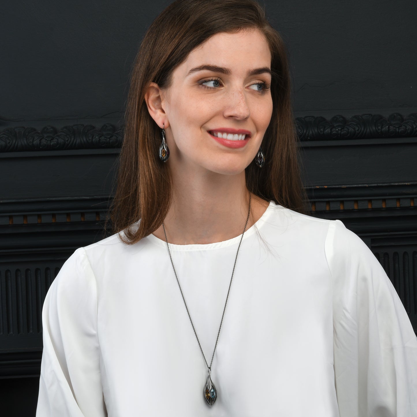 Black Sterling Silver Multicolored Gemstone Teardrop Earrings For Women