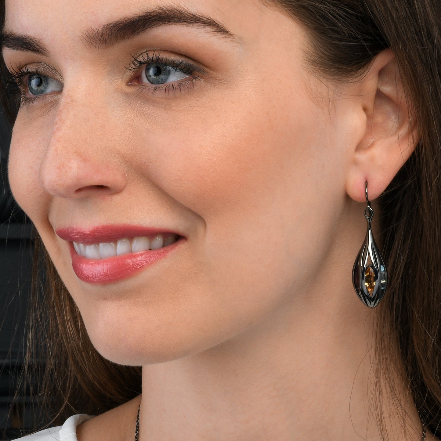 Black Sterling Silver Multicolored Gemstone Teardrop Earrings For Women