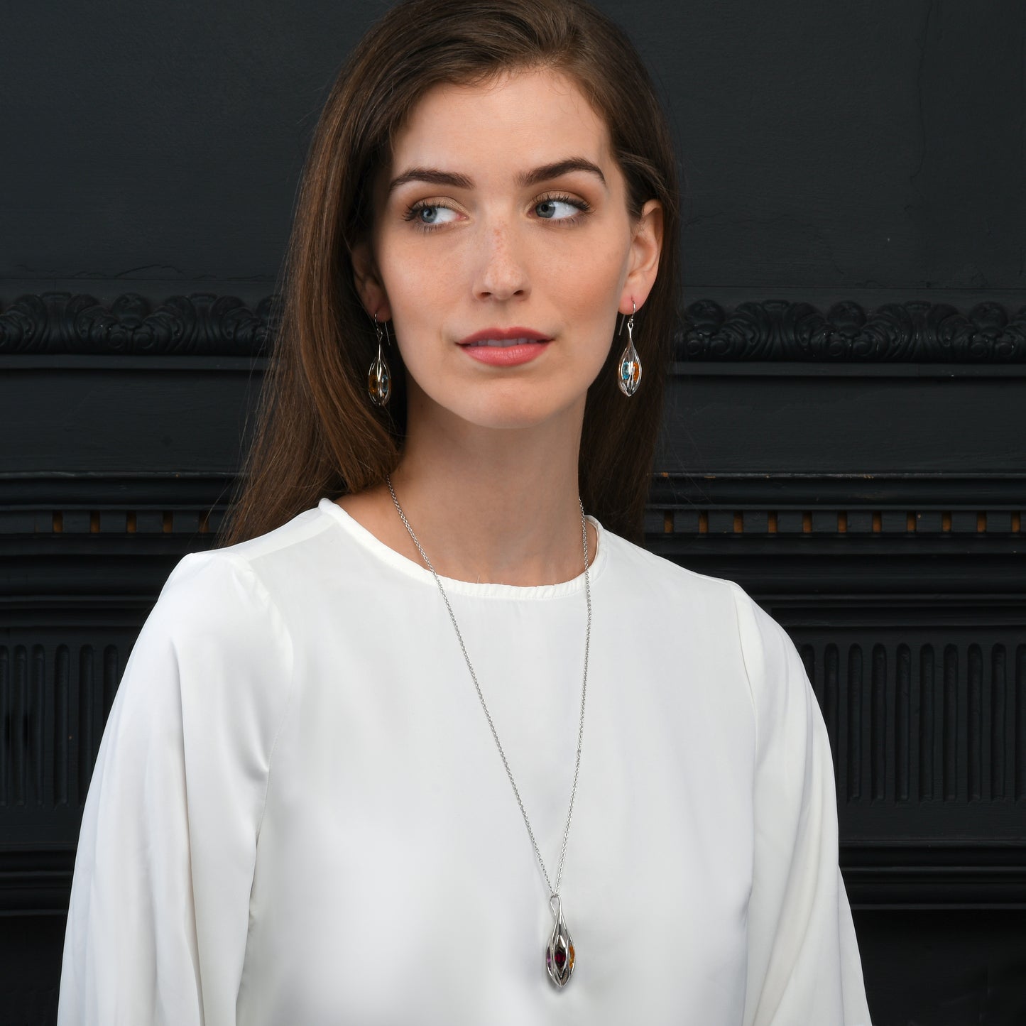 Sterling Silver Multicolored Gemstone Teardrop Earrings For Women