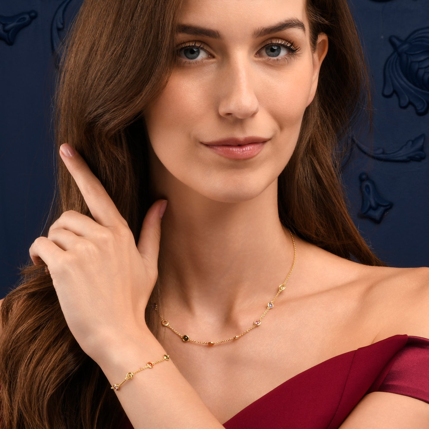 Gold Plated Sterling Silver Chain Bracelet with Multi Coloured Cubic Zirconia Stones