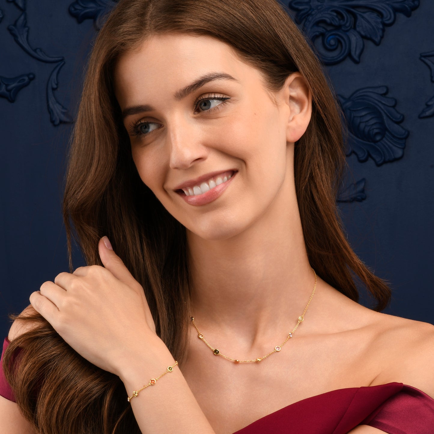 Gold Plated Sterling Silver Chain Bracelet with Multi Coloured Cubic Zirconia Stones