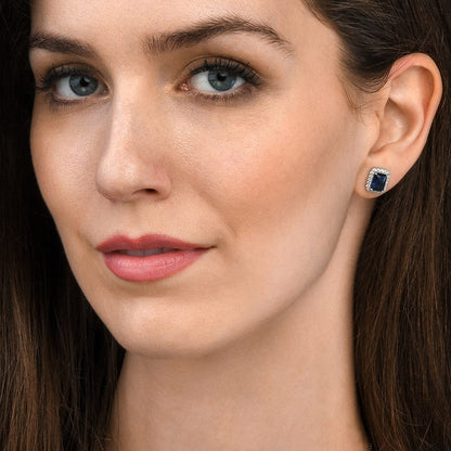 925 Sterling Silver Emerald Cut Blue Halo Stud Earrings For Women