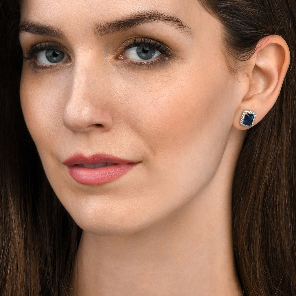 925 Sterling Silver Emerald Cut Blue Halo Stud Earrings For Women