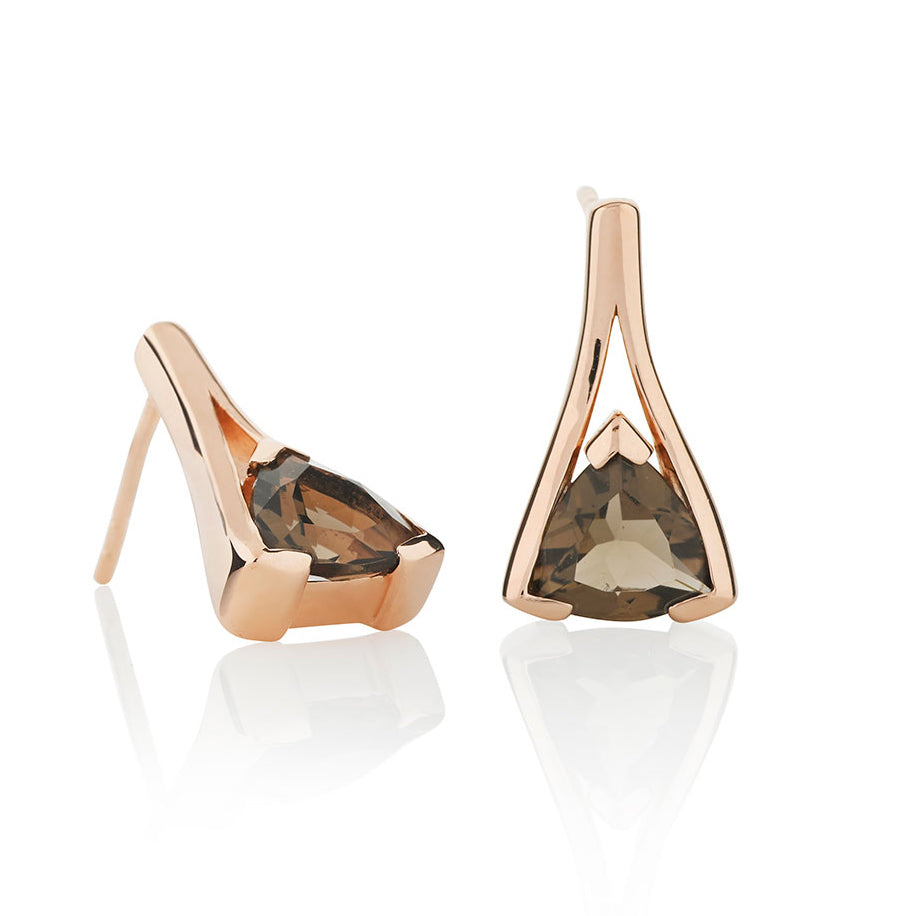 Rose Gold Vermeil Trillion Cut Smoky Quartz Gemstone Stud Earrings For Women