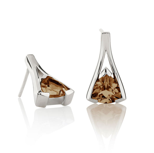 Sterling Silver Trillion Cut Smoky Quartz Gemstone Stud Earrings For Women