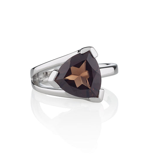 925 Sterling Silver Trillion Cut Smoky Quartz Gemstone Ring For Women