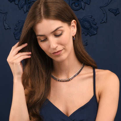 Blue Crystal Necklace with Round & Pear Shaped Cubic Zirconia Stones For Women