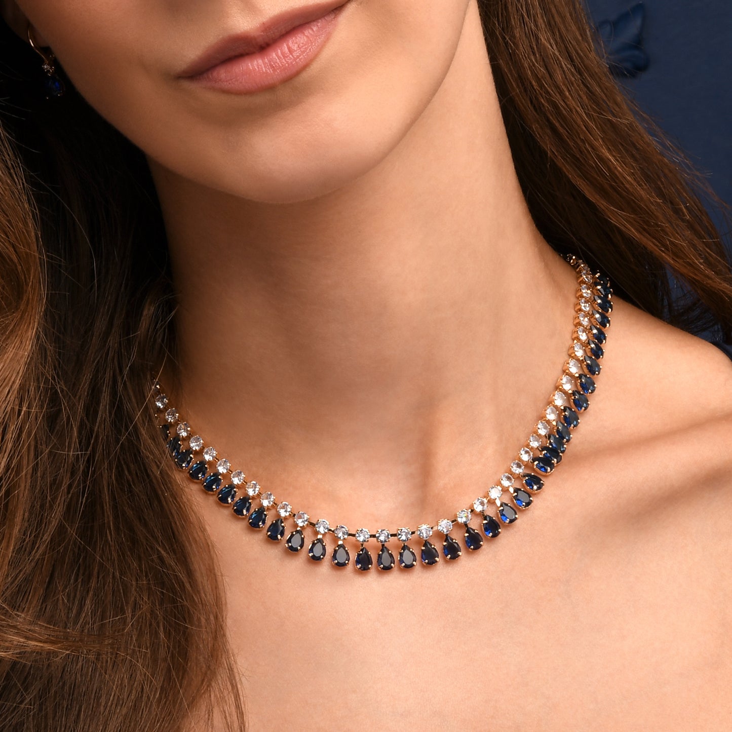 Blue Crystal Necklace with Round & Pear Shaped Cubic Zirconia Stones For Women