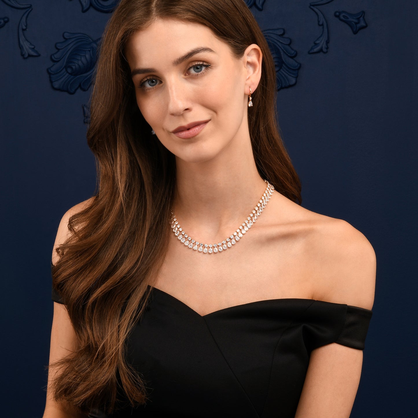 Gold Crystal Necklace with Round & Pear Shaped Cubic Zirconia Stones For Women