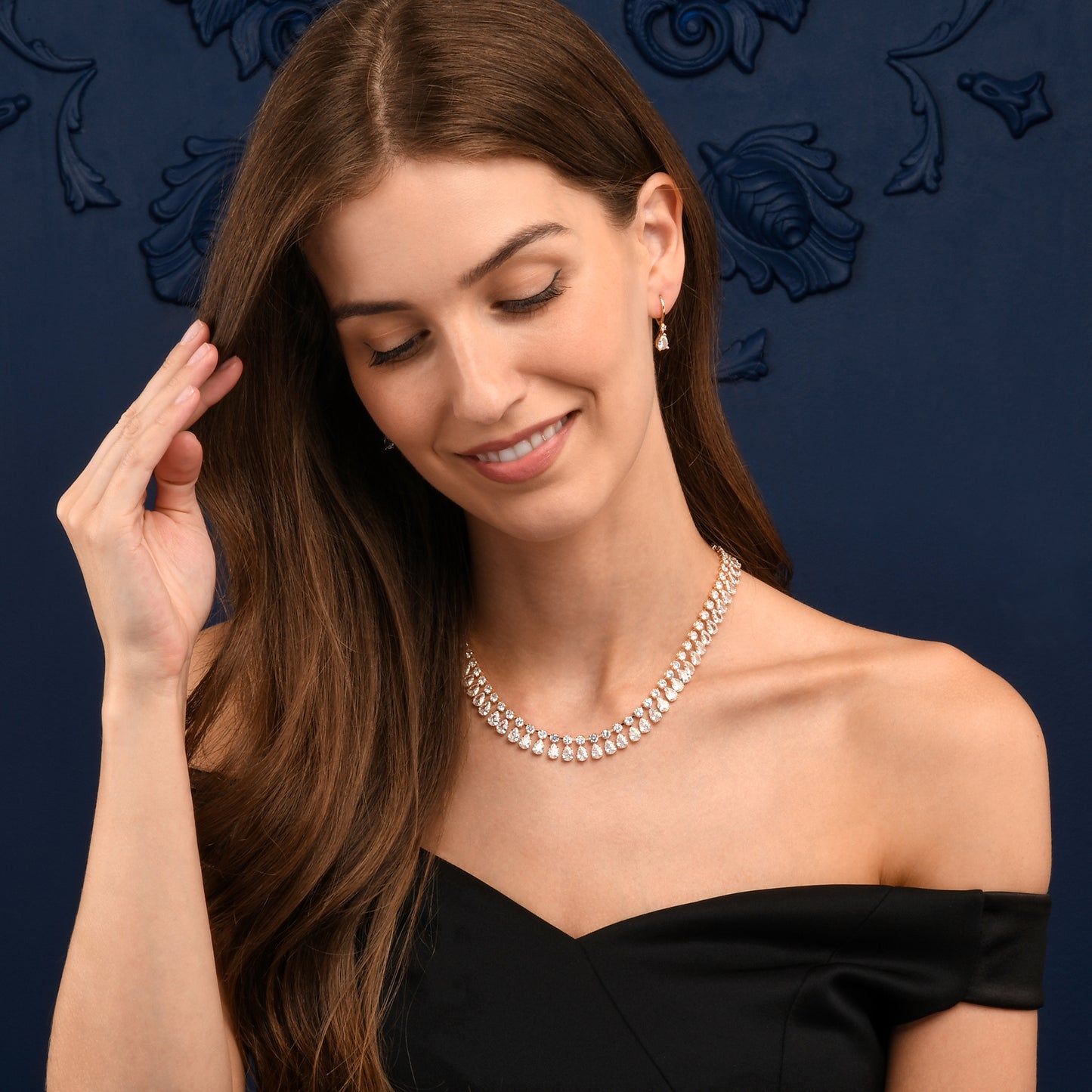 Gold Crystal Necklace with Round & Pear Shaped Cubic Zirconia Stones For Women