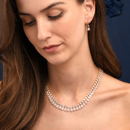 Gold Crystal Necklace with Round & Pear Shaped Cubic Zirconia Stones For Women