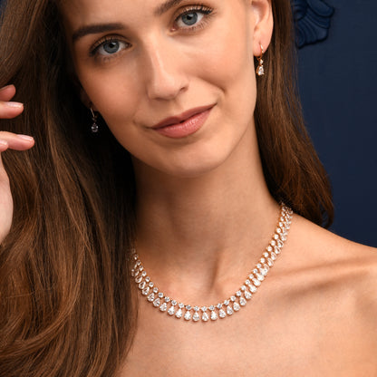 Gold Crystal Necklace with Round & Pear Shaped Cubic Zirconia Stones For Women