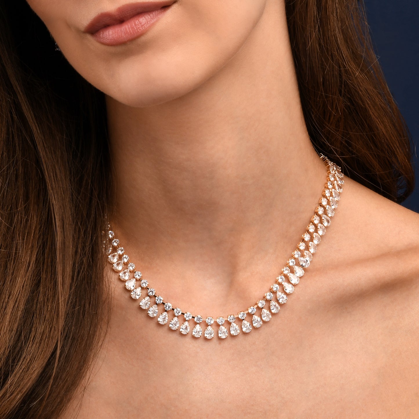 Gold Crystal Necklace with Round & Pear Shaped Cubic Zirconia Stones For Women