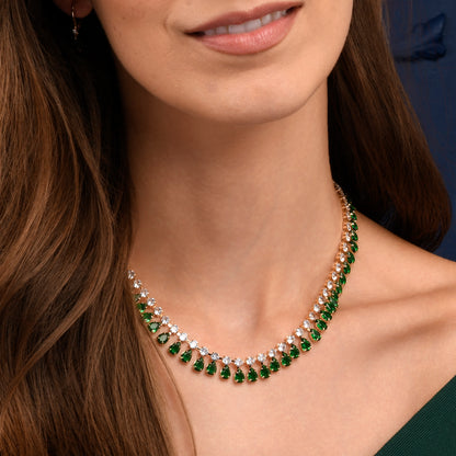 Green Crystal Necklace with Round & Pear Shaped Cubic Zirconia Stones For Women