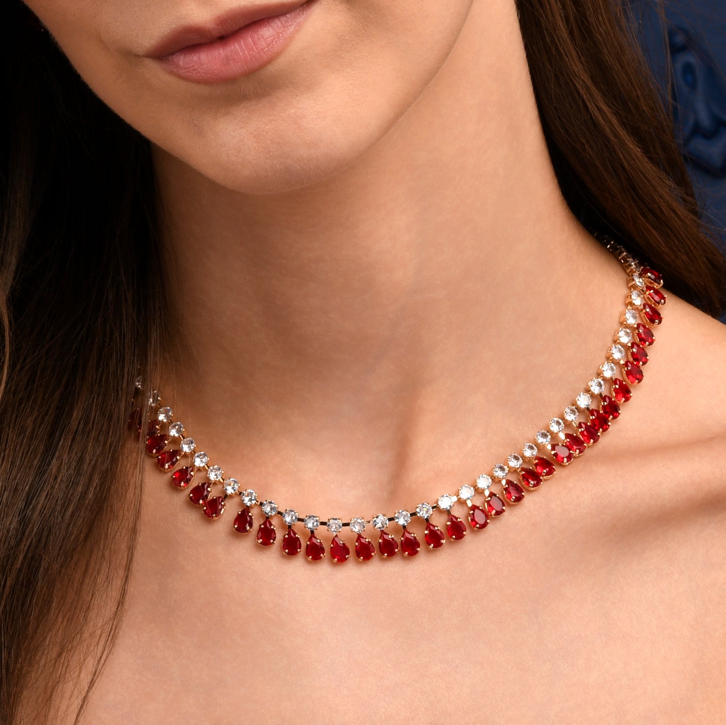 Red Crystal Necklace with Round & Pear Shaped Cubic Zirconia Stones For Women