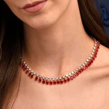 Red Crystal Necklace with Round & Pear Shaped Cubic Zirconia Stones For Women