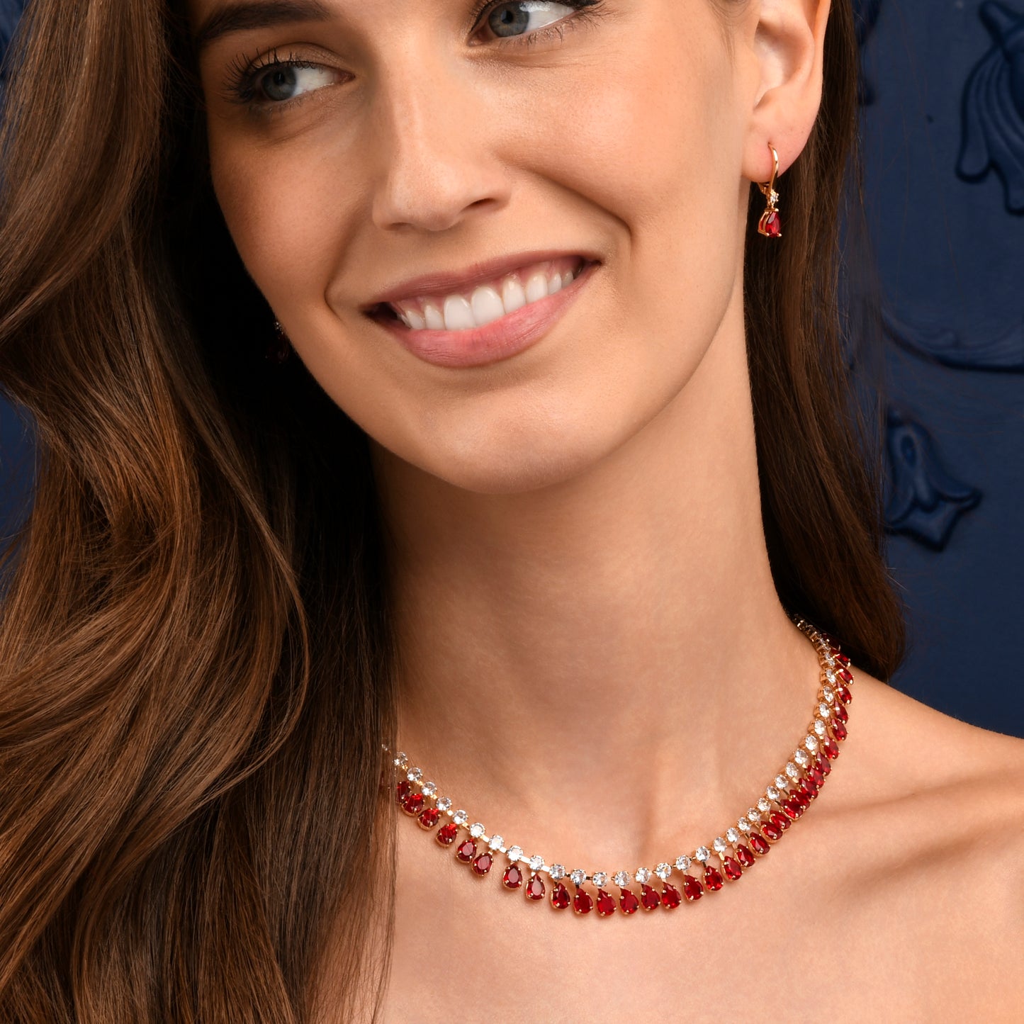 Red Crystal Necklace with Round & Pear Shaped Cubic Zirconia Stones For Women