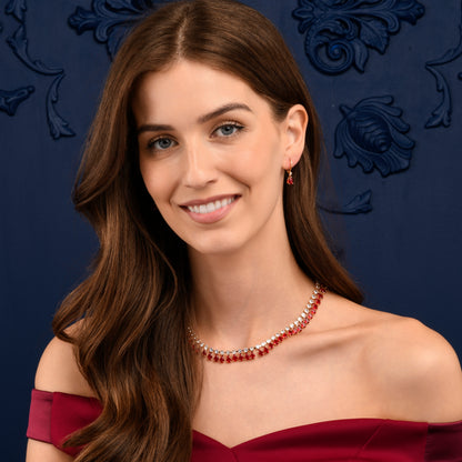 Red Crystal Necklace with Round & Pear Shaped Cubic Zirconia Stones For Women