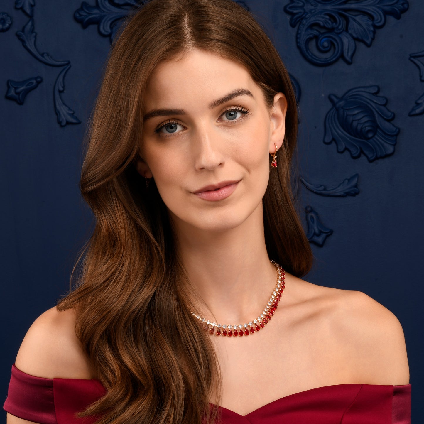 Red Crystal Necklace with Round & Pear Shaped Cubic Zirconia Stones For Women