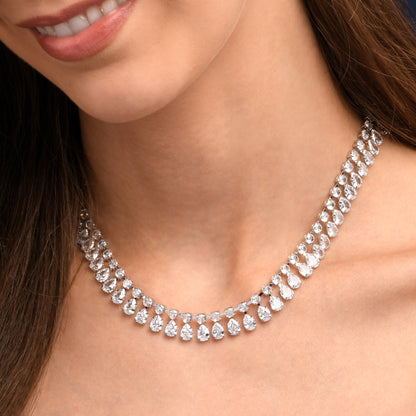 Silver Crystal Necklace with Round & Pear Shaped Cubic Zirconia Stones For Women
