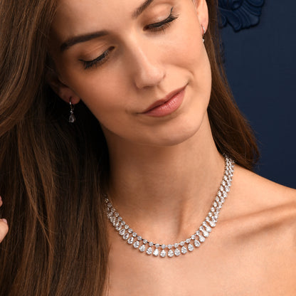 Silver Crystal Necklace with Round & Pear Shaped Cubic Zirconia Stones For Women