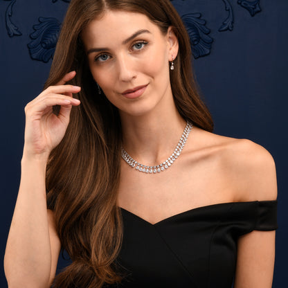 Silver Crystal Necklace with Round & Pear Shaped Cubic Zirconia Stones For Women