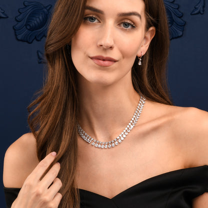 Silver Crystal Necklace with Round & Pear Shaped Cubic Zirconia Stones For Women