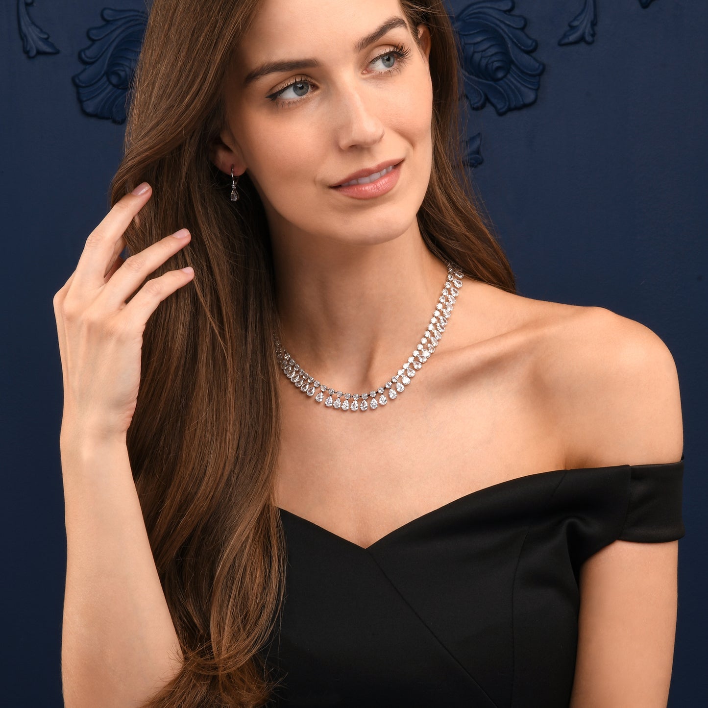 Silver Crystal Necklace with Round & Pear Shaped Cubic Zirconia Stones For Women