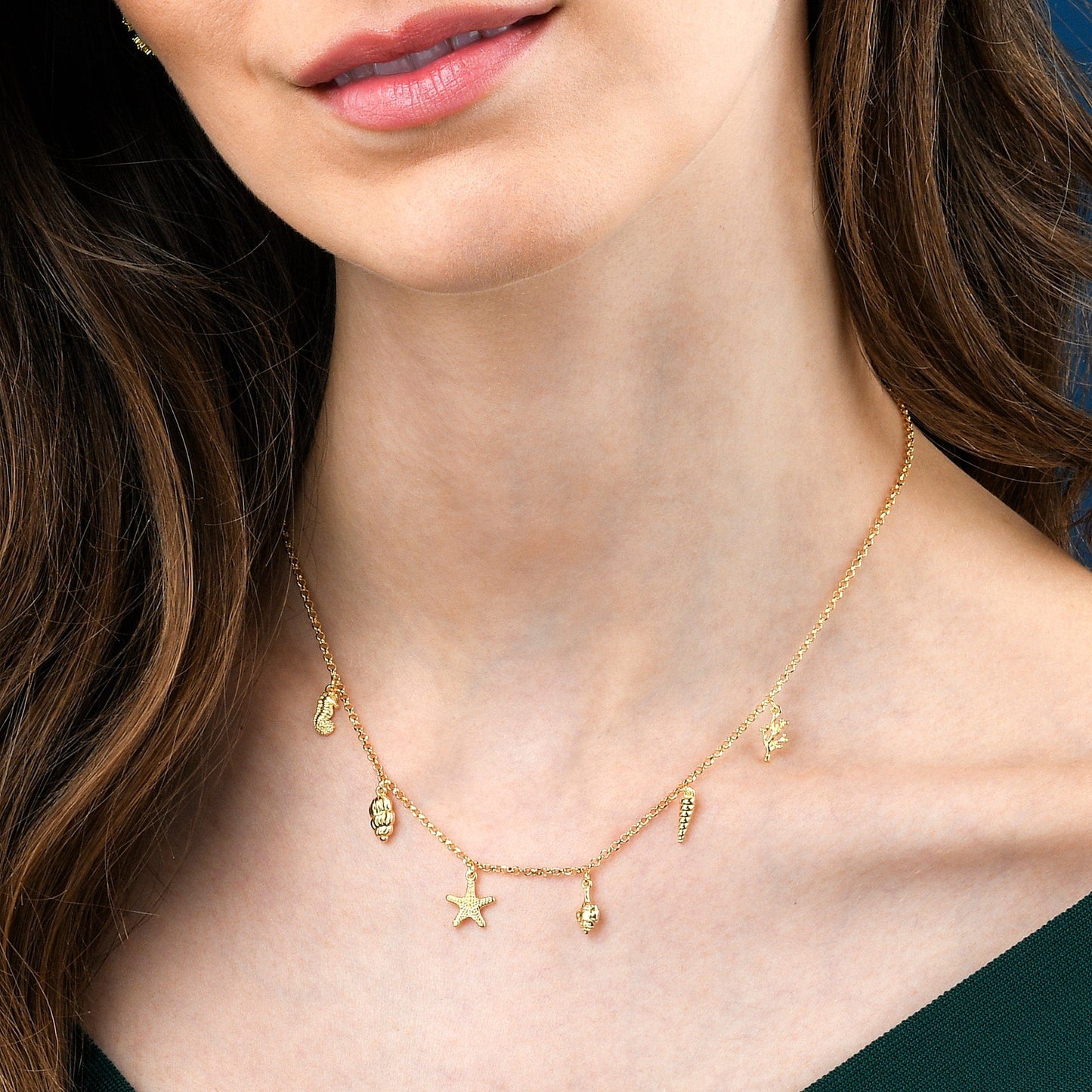 Gold Plated Sterling Silver Necklace with Starfish, Shells, Seahorse and Coral Charms for Women