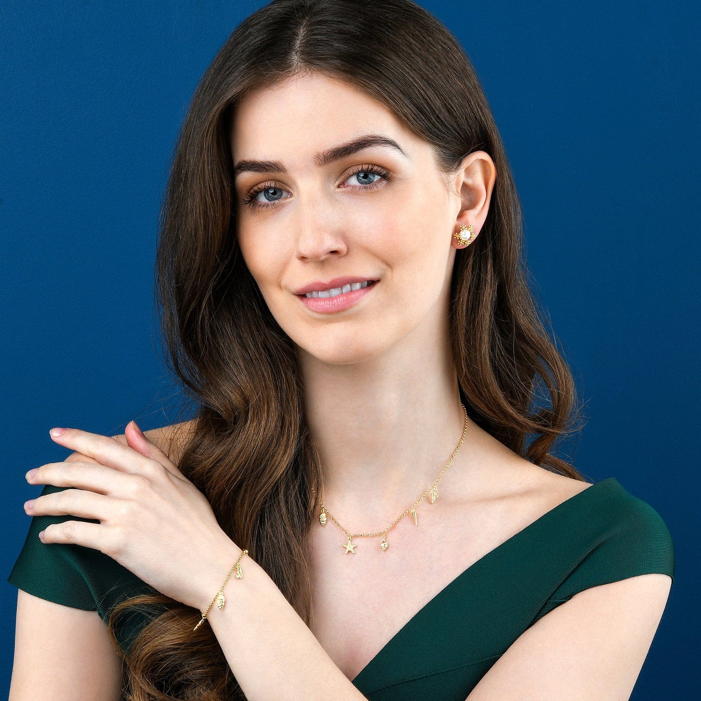 Gold Plated Sterling Silver Necklace with Starfish, Shells, Seahorse and Coral Charms for Women