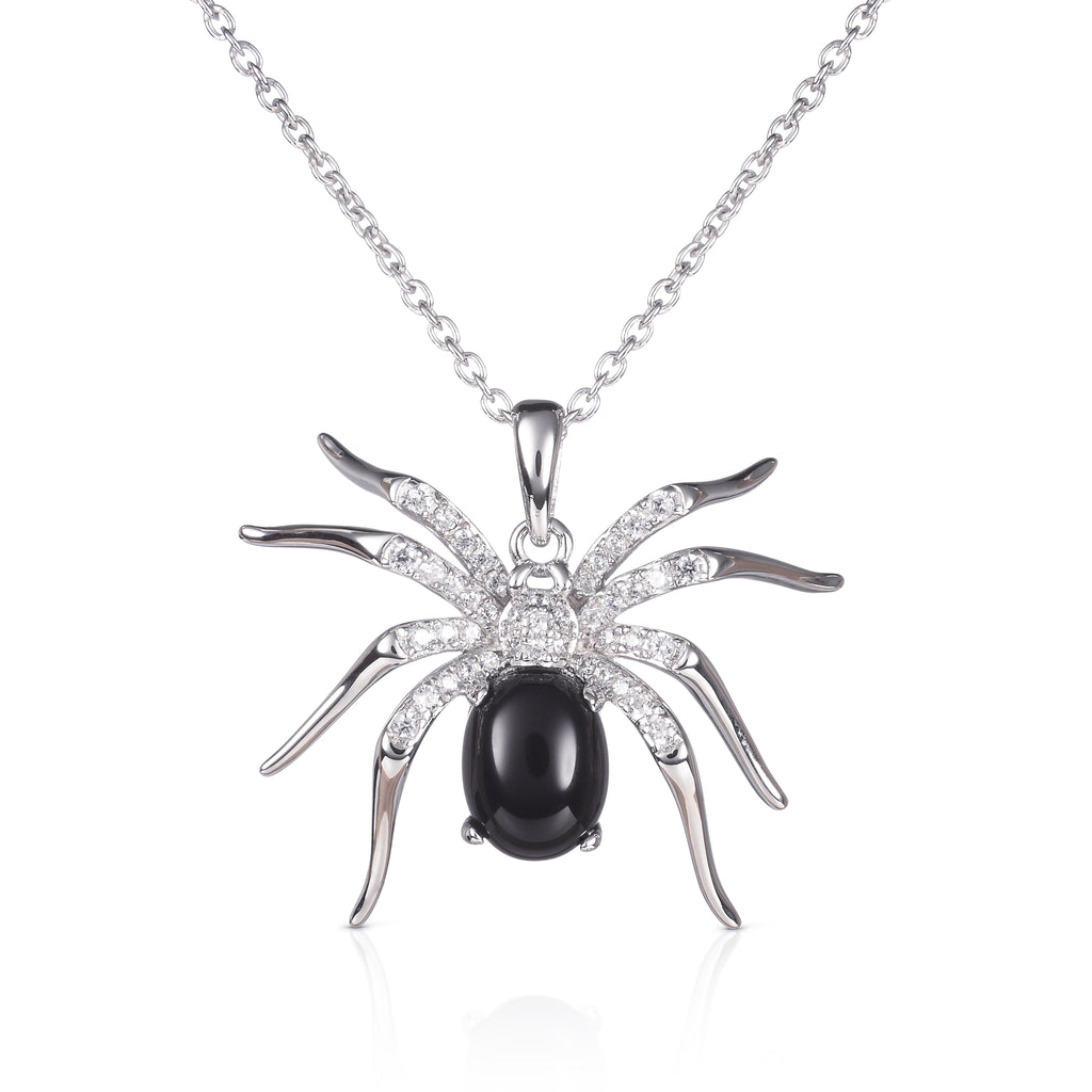 925 Sterling Silver Spider Pendant Necklace for Women with a Black Agate and Cubic Zirconia Stones
