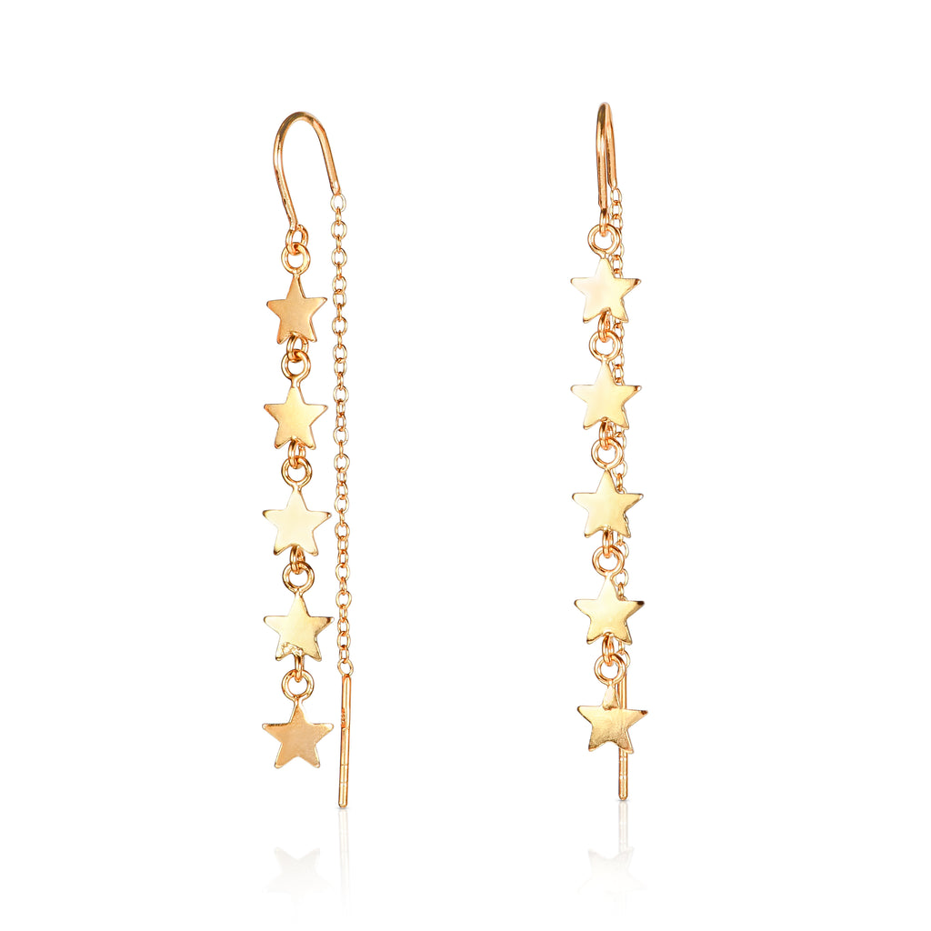 Gold Plated 925 Sterling Silver Dainty Threader Earrings for Women with Star Motifs