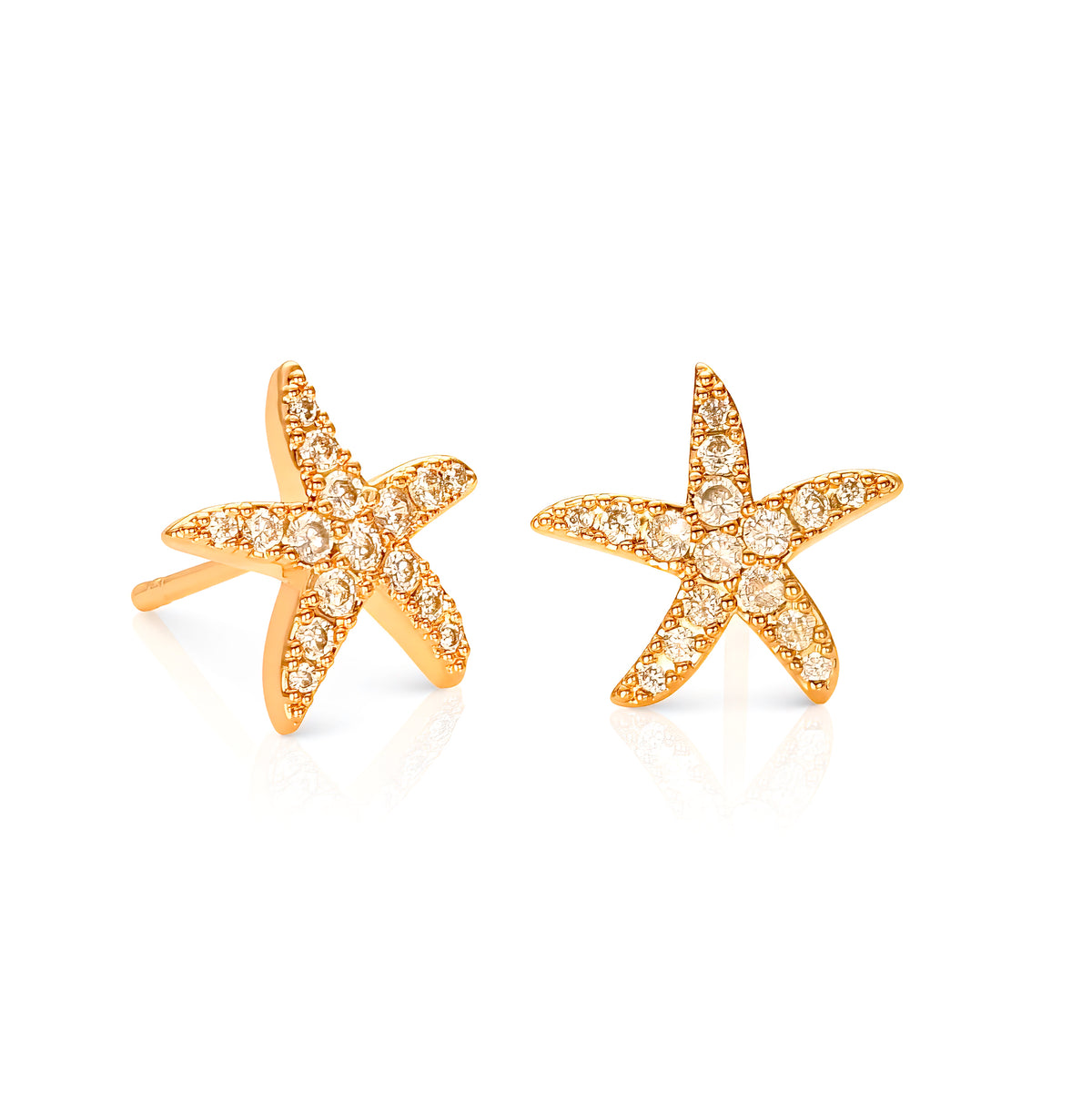 Gold Starfish Stud Earrings With Cubic Zirconia Stones For Women
