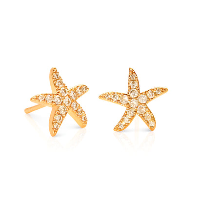 Gold Starfish Stud Earrings With Cubic Zirconia Stones For Women