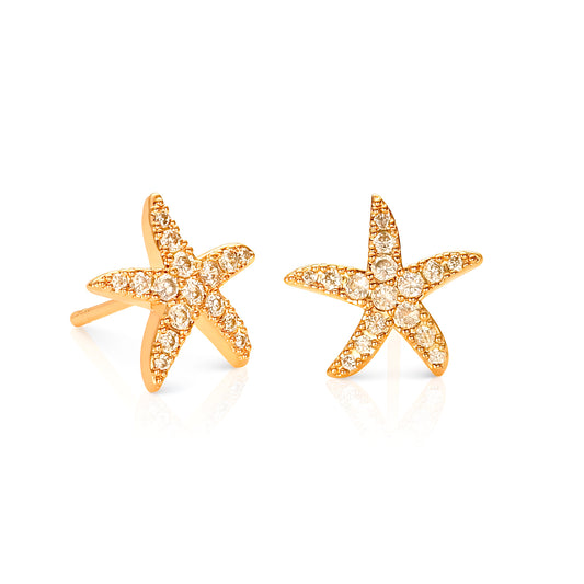 Gold Starfish Stud Earrings With Cubic Zirconia Stones For Women