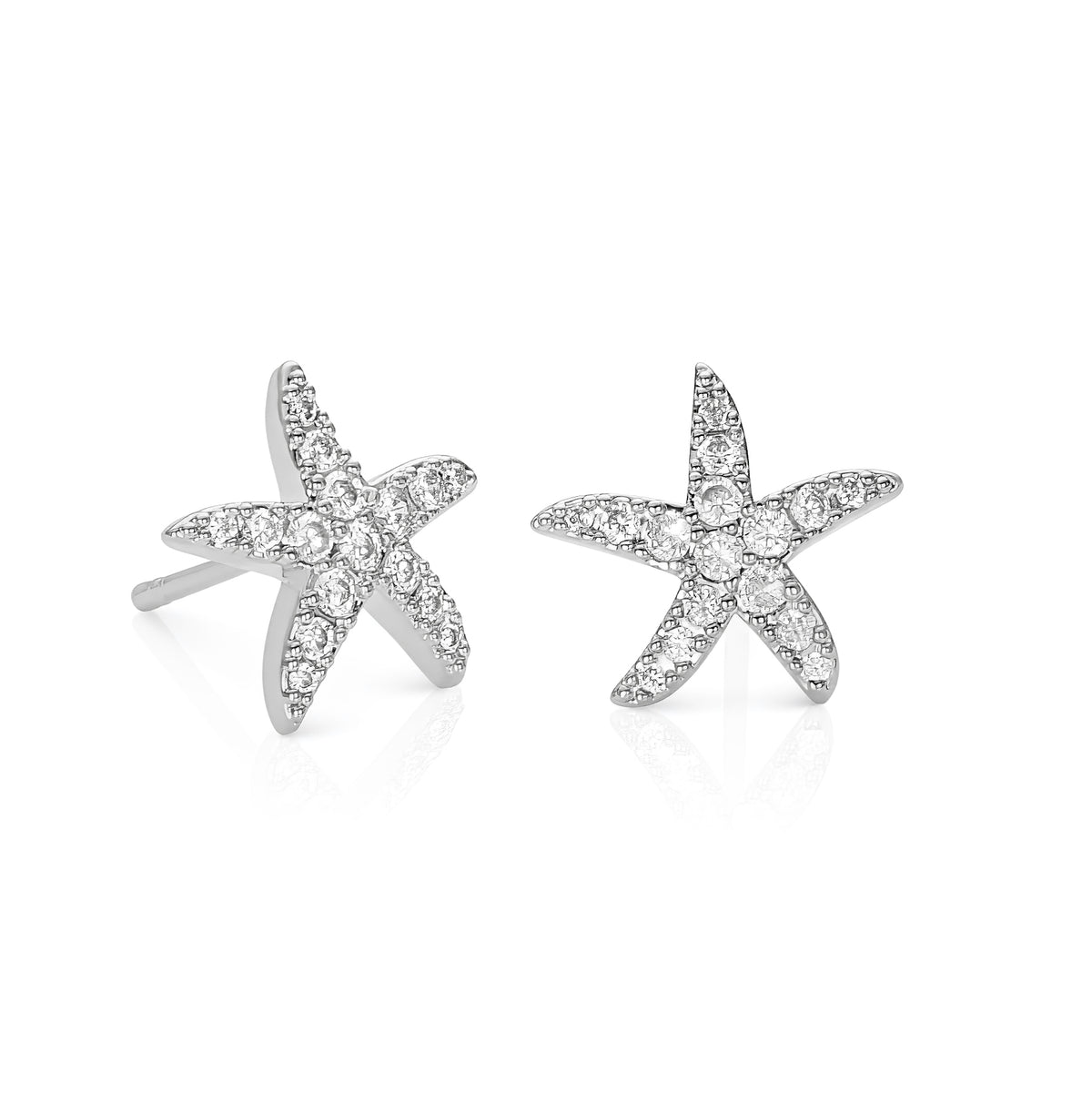 Silver Starfish Stud Earrings With Cubic Zirconia Stones For Women
