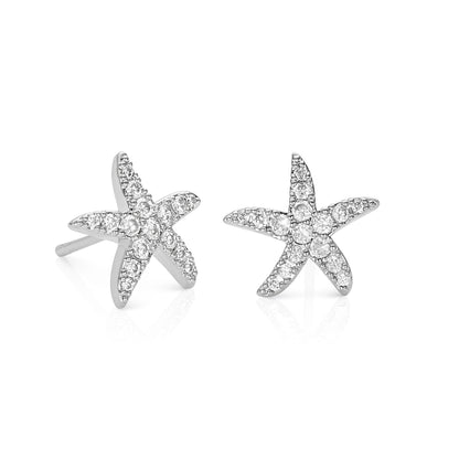 Silver Starfish Stud Earrings With Cubic Zirconia Stones For Women