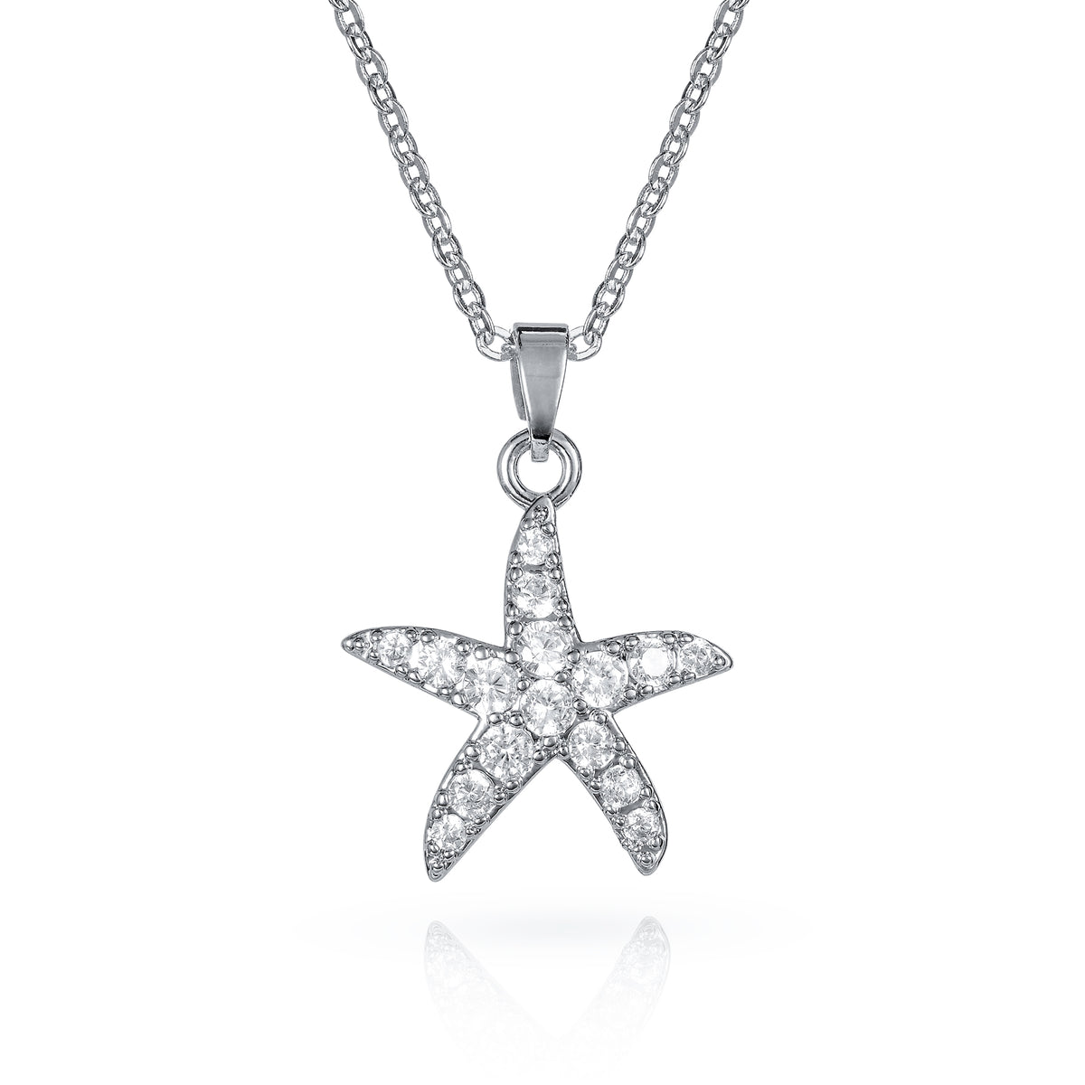Silver Starfish Pendant Necklace for Women with Cubic Zirconia Stones