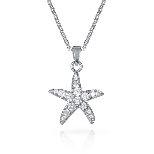 Silver Starfish Pendant Necklace for Women with Cubic Zirconia Stones