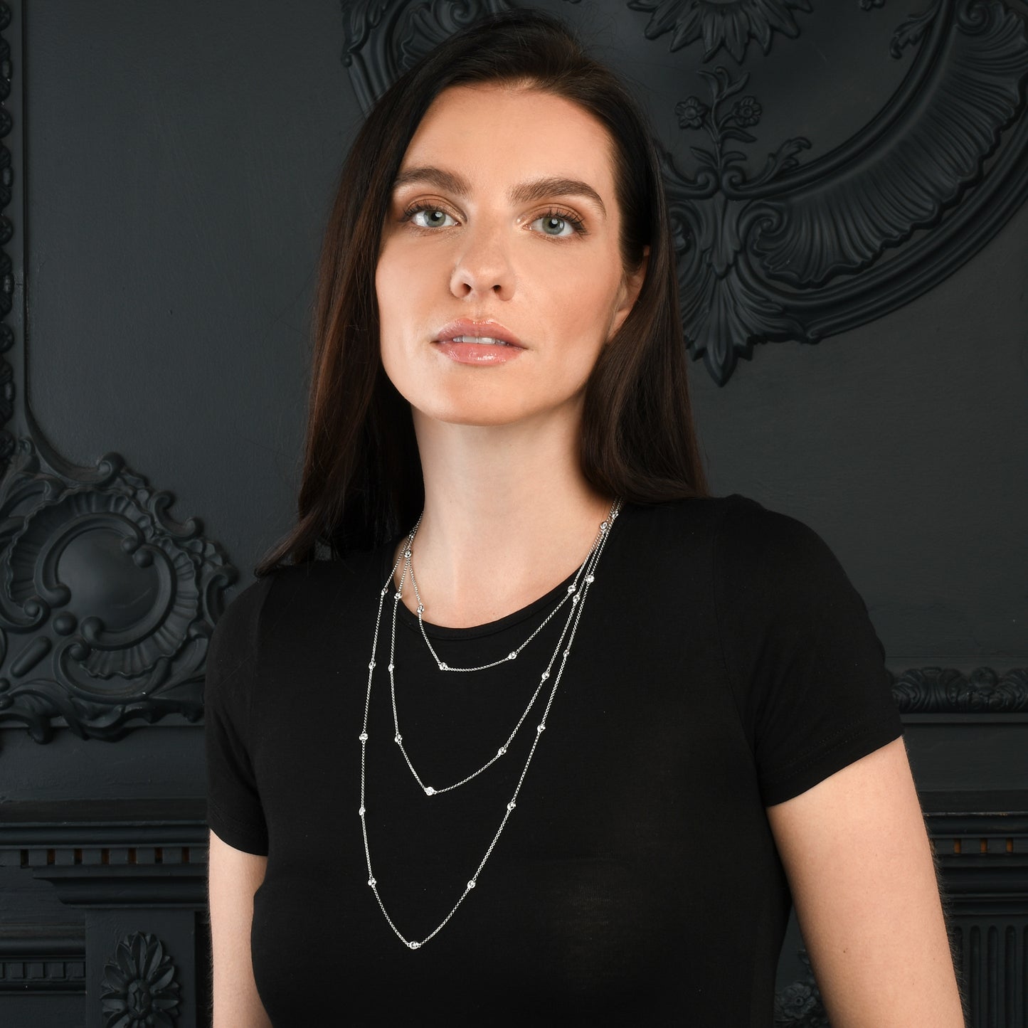 925 Sterling Silver 18, 24 or 30 inch long Chain Necklace with Cubic Zirconia Stones