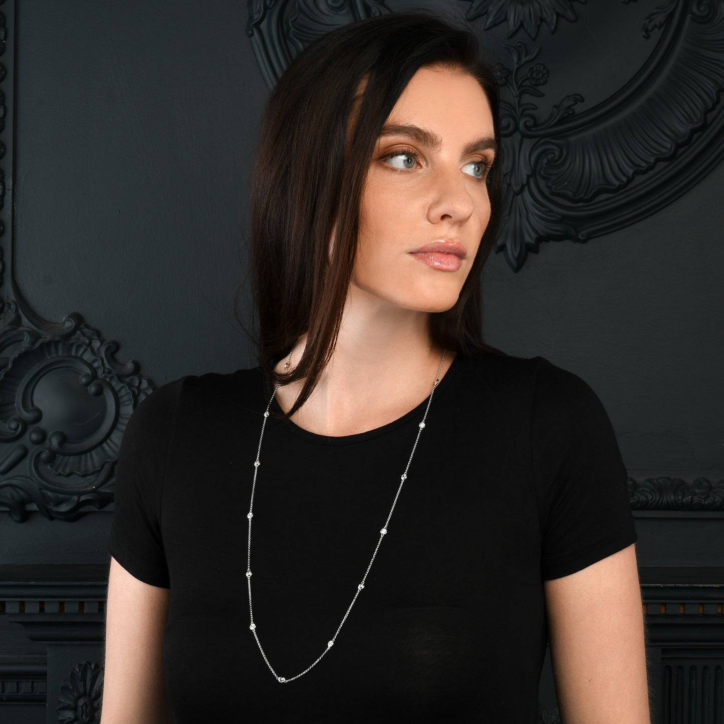 925 Sterling Silver 18, 24 or 30 inch long Chain Necklace with Cubic Zirconia Stones